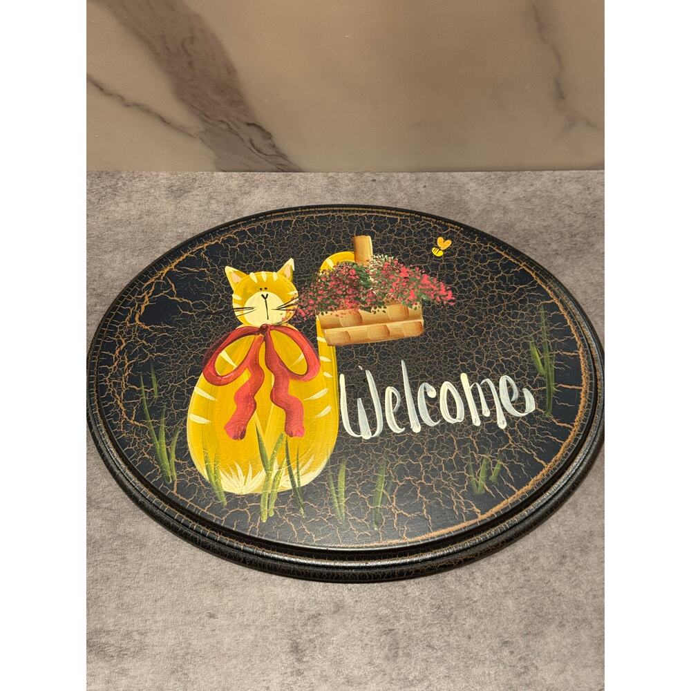 Cat basket flowers wooden Welcome sign - crackle paint  11.5”x9